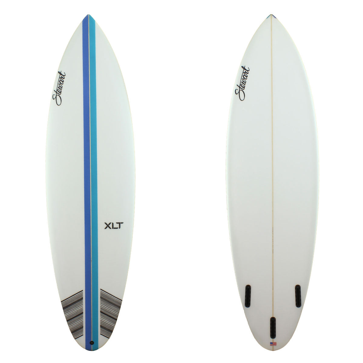 Stewart Surfboards 7'2" XLT shortboard with a dark blue and a light blue stripe on deck